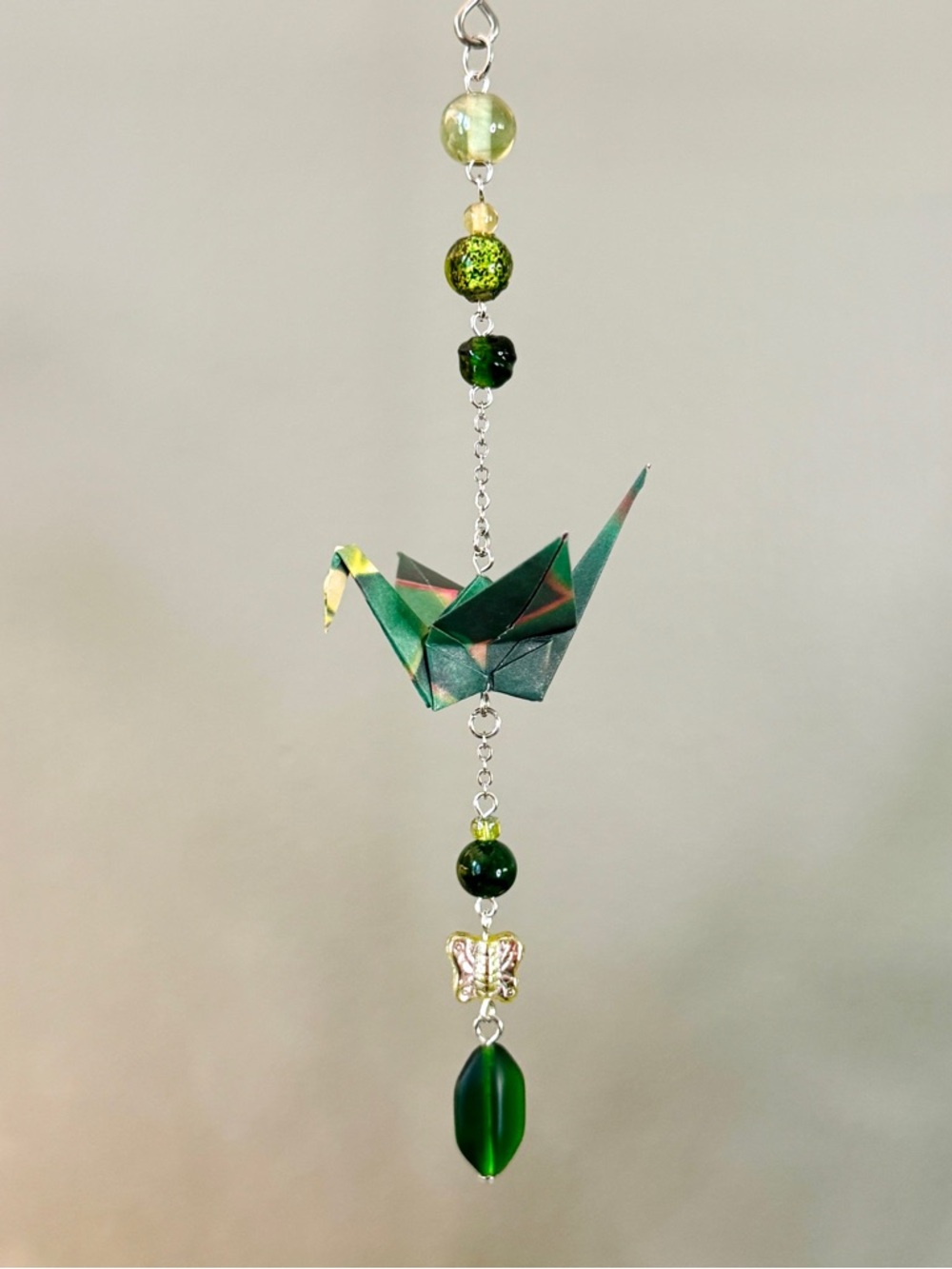 Origami Ornament #2485 - Small Crane with Green Glass Beads